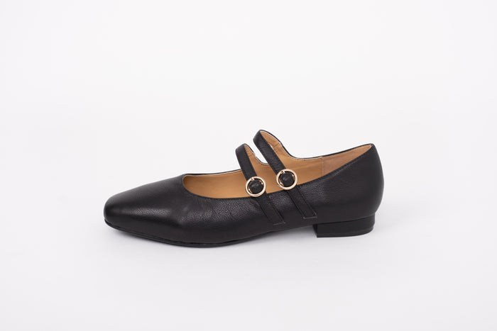 Side profile of Jemima Flat In Black. A 2 strap Mary Jane available in womens larger UK sizes 8-12