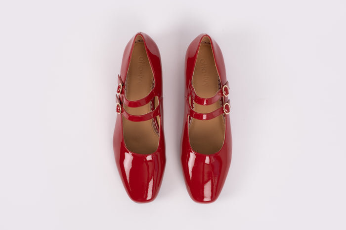 Aerial shot of Jemima flat in red shiny leather. 2-strap Mary Jane shoe in womens larger European sizes 42-46