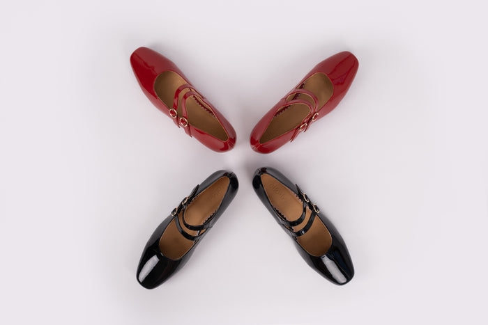 Aerial shot of Jemima flat in red and black. 2-strap Mary Jane lather shoes available in womens larger sizes UK 8-12