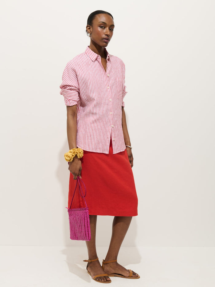 Jo Striped Shirt in Linen - Chili / Ivory
