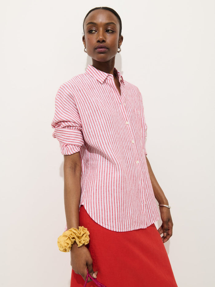 Jo Striped Shirt in Linen - Chili / Ivory