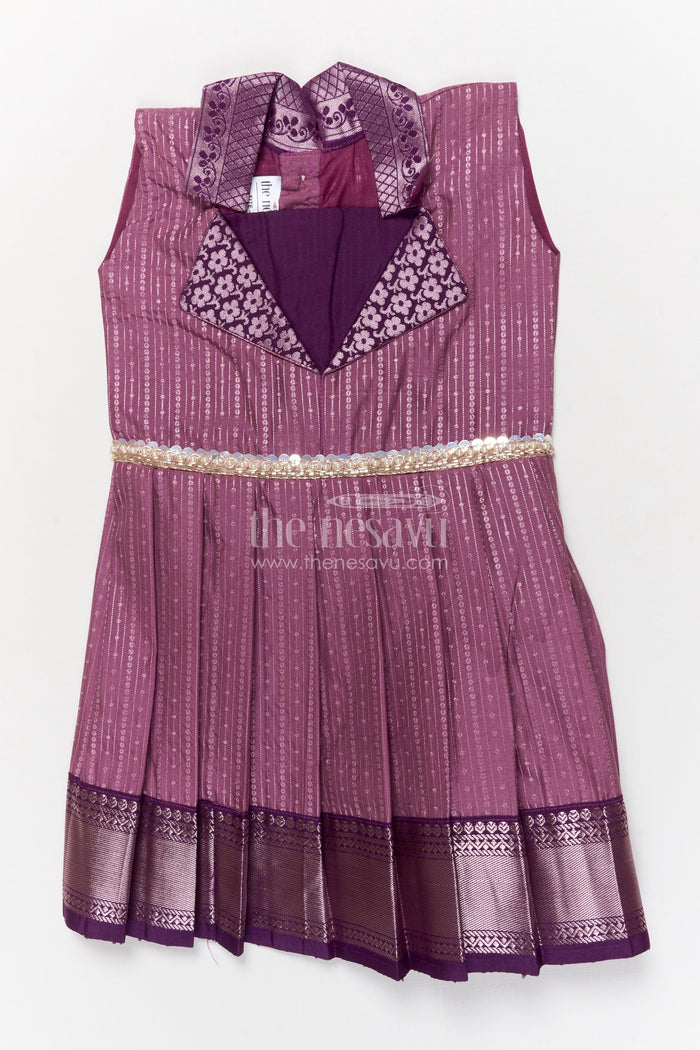 The Nesavu Girls Kanchi Silk Frock Kanchi Silk Frock for Girls for Weddings and Ethnic Celebrations Nesavu 16 (1Y) / Purple / Silk Blend SF1006BD-16 Nesavu Kanchi silk frock for girls with zari woven skirt and floral yoke – perfect for weddings and poojas