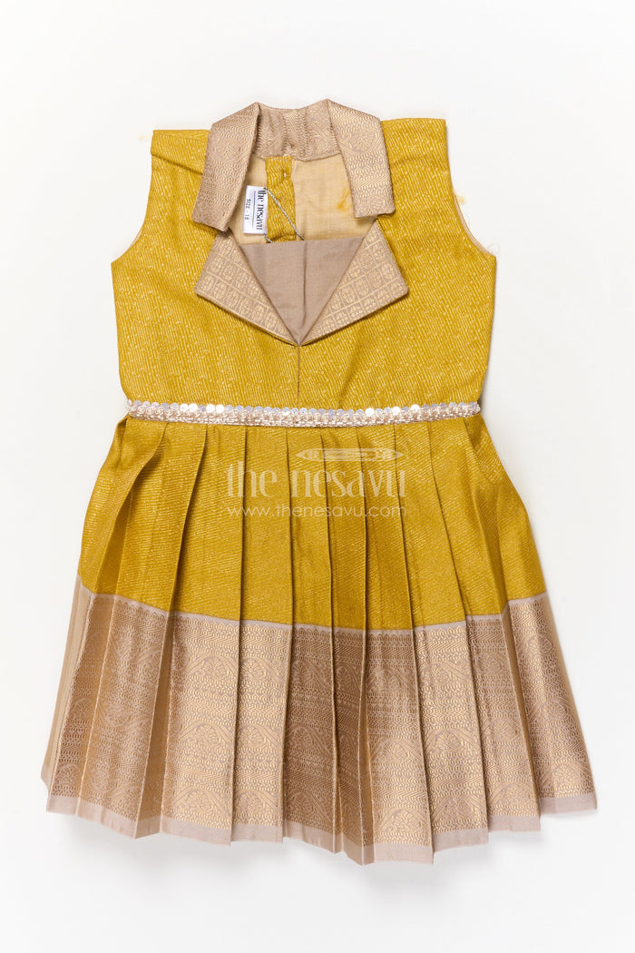 The Nesavu Girls Kanchi Silk Frock Kanchi Silk Frock for Toddler Girls for Traditional Birthday Celebrations Nesavu 16 (1Y) / Yellow / Silk Blend SF992BA-16 Nesavu Kanchi silk frock for toddler girls with zari pleats and stylish collar for festive events