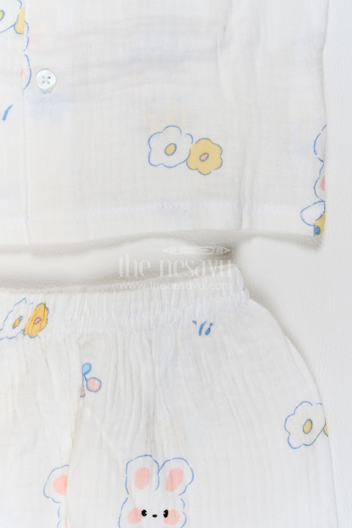 The Nesavu Night Dress Kids Bunny Print Night Suit for Cosy Bedtime and Sleepovers Nesavu Nesavu Kids Bunny Print Muslin Night Suit For Cosy Bedtime Sleepovers With Full Length Pajama Pants