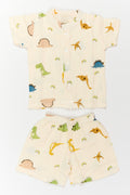 The Nesavu Night Dress Kids Dinosaur Shorts Night Suit for Summer Bedtime and Lounging Nesavu 18 (2Y) / Cream / Muslin NS084A-18 Nesavu Kids Dinosaur Shorts Night Suit In Breathable Muslin For Summer Bedtime Lounging And Sleepovers