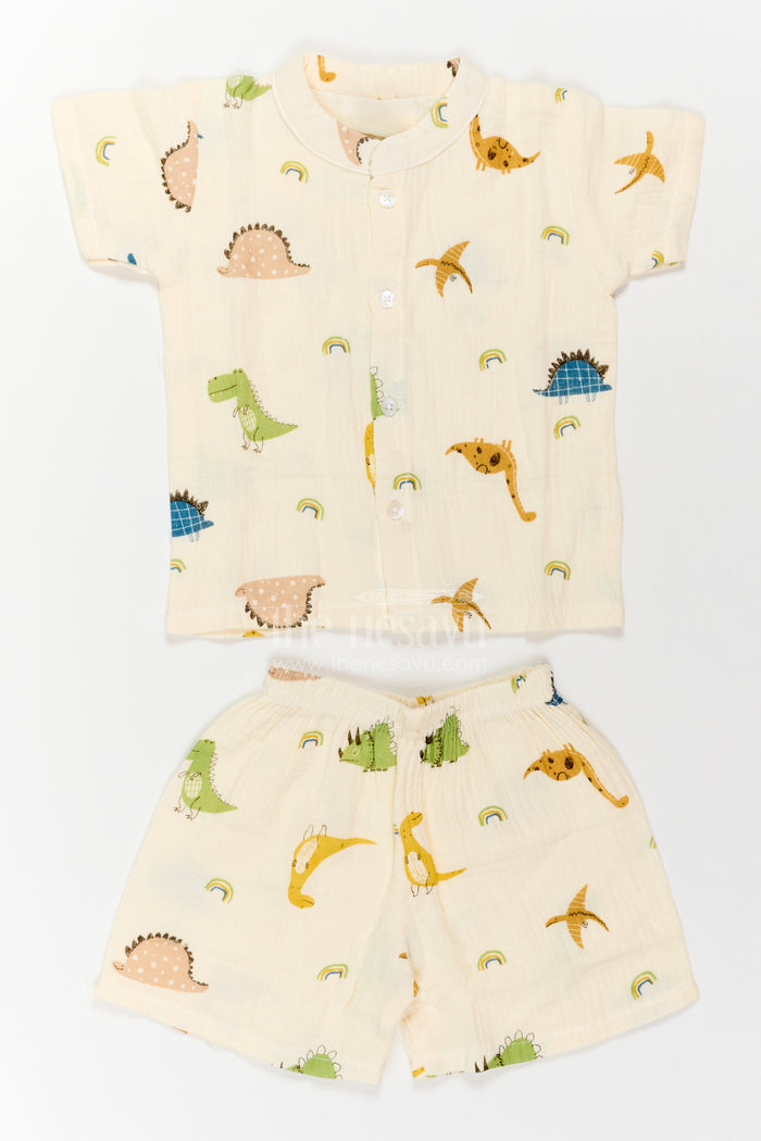 The Nesavu Night Dress Kids Dinosaur Shorts Night Suit for Summer Bedtime and Lounging Nesavu 18 (2Y) / Cream / Muslin NS084A-18 Nesavu Kids Dinosaur Shorts Night Suit In Breathable Muslin For Summer Bedtime Lounging And Sleepovers