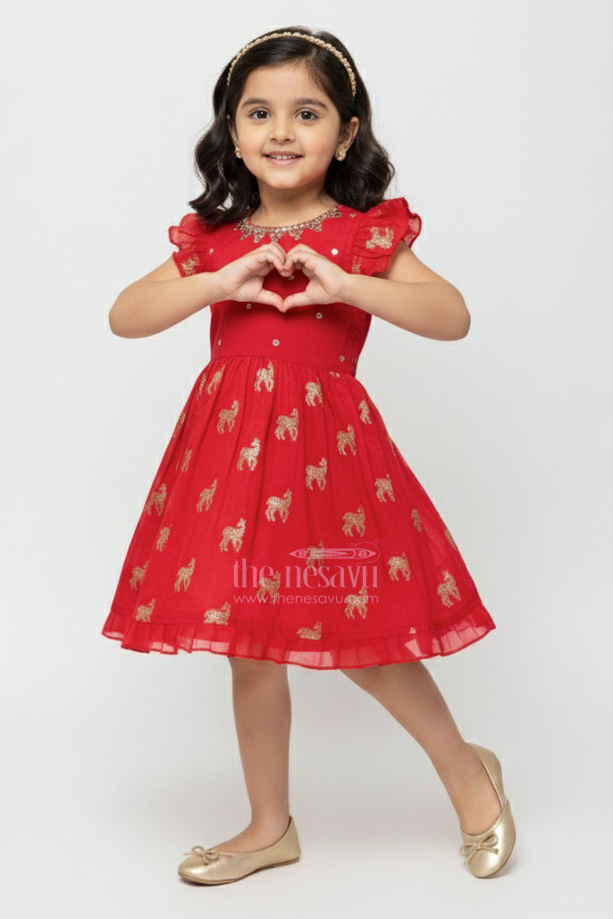 The Nesavu Girls Chanderi Frock Kids Frock for Festive Occasions and Ethnic Celebrations Nesavu 16 (1Y) / Red GFC1993A-16 Nesavu kids frock festive occasions weddings cultural celebrations