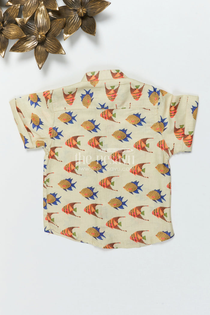 The Nesavu Boys Linen Shirt Kids Linen Printed Shirt for Beach Holidays and Casual Days Nesavu Nesavu kids linen shirt with colorful fish print for casual summer wear and vacations