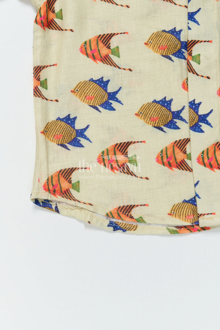 The Nesavu Boys Linen Shirt Kids Linen Printed Shirt for Beach Holidays and Casual Days Nesavu Nesavu kids linen shirt with colorful fish print for casual summer wear and vacations