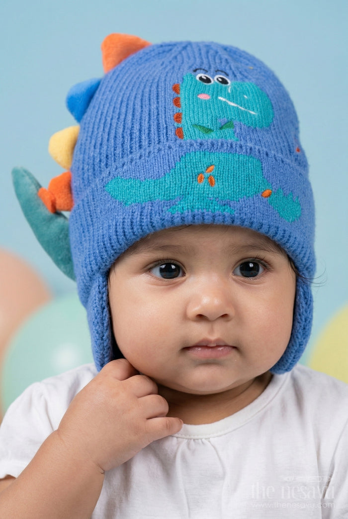 The Nesavu Baby Accessories Kids Rib Knit Beanie Cap with Cute Dinosaur Motif Nesavu Blue / Rib Knit IA002E-8 Nesavu Kids Blue Rib Knit Beanie Cap With Dinosaur Pattern | New Born To 6 Months