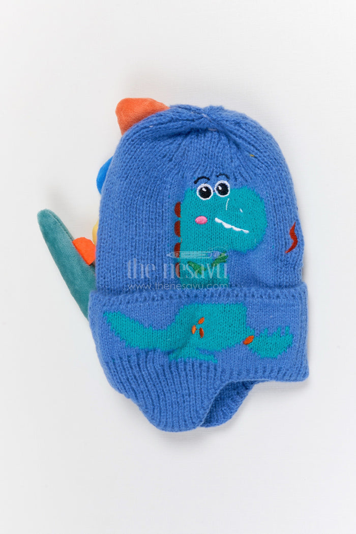 The Nesavu Baby Accessories Kids Rib Knit Beanie Cap with Cute Dinosaur Motif Nesavu Blue / Rib Knit IA002E-8 Nesavu Kids Blue Rib Knit Beanie Cap With Dinosaur Pattern | New Born To 6 Months
