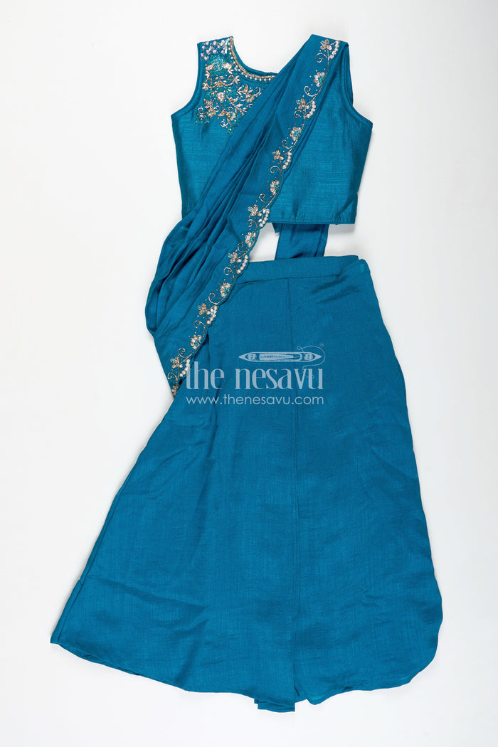 The Nesavu Girls Lehenga Choli Kids Saree Style Lehenga Choli for Family Functions in Teal Georgette with Designer Embroidery Nesavu Nesavu Saree Style Lehenga Choli Girls Teal Georgette Designer Embroidery Functions