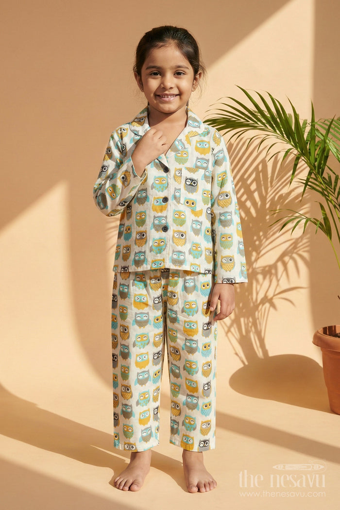 The Nesavu Night Dress Kids Owl Print Cotton Night Suit for Fun Bedtime Routines Nesavu Nesavu kids cotton night suit with owl print – breathable two-piece sleepwear for toddlers