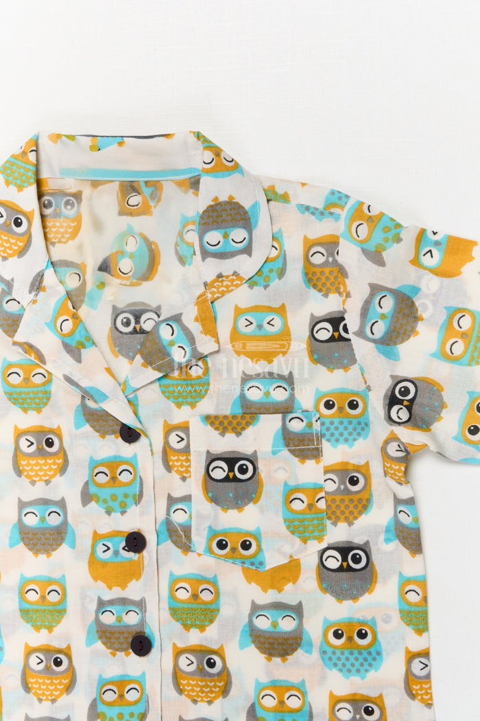 The Nesavu Night Dress Kids Owl Print Cotton Night Suit for Fun Bedtime Routines Nesavu Nesavu kids cotton night suit with owl print – breathable two-piece sleepwear for toddlers