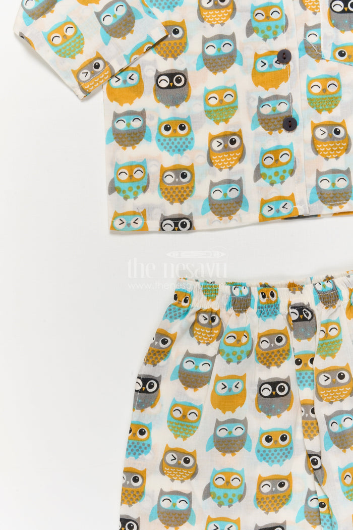The Nesavu Night Dress Kids Owl Print Cotton Night Suit for Fun Bedtime Routines Nesavu Nesavu kids cotton night suit with owl print – breathable two-piece sleepwear for toddlers