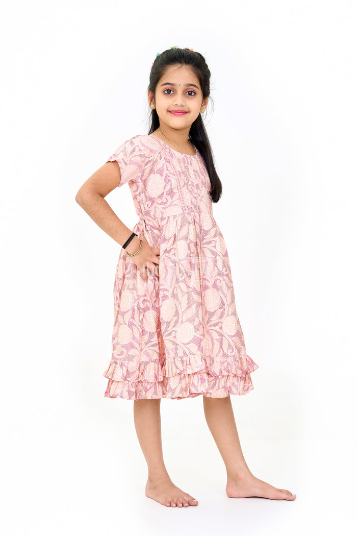 The Nesavu Girls Cotton Frock Lightweight Pink Cotton Summer Frock for Girls with Floral Print and Ruffled Sleeves Nesavu Nesavu Lightweight Pink Cotton Summer Frock Girls Floral Print Ruffled Sleeves