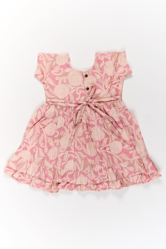The Nesavu Girls Cotton Frock Lightweight Pink Cotton Summer Frock for Girls with Floral Print and Ruffled Sleeves Nesavu Nesavu Lightweight Pink Cotton Summer Frock Girls Floral Print Ruffled Sleeves