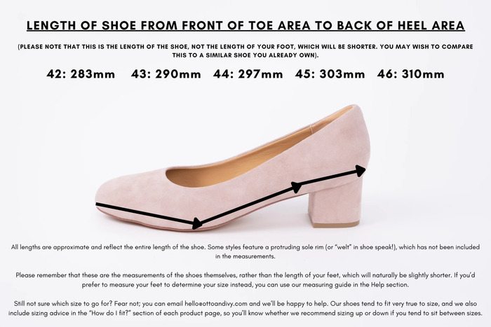 Measurement diagram displaying lengths of womens large size shoes in sizes 42,43,44,45 and 46.