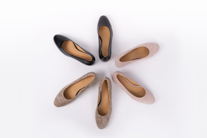 Aerial view of womens shoes in blush, black and cheetah. Available in larger sizes 8-12. Lily court.