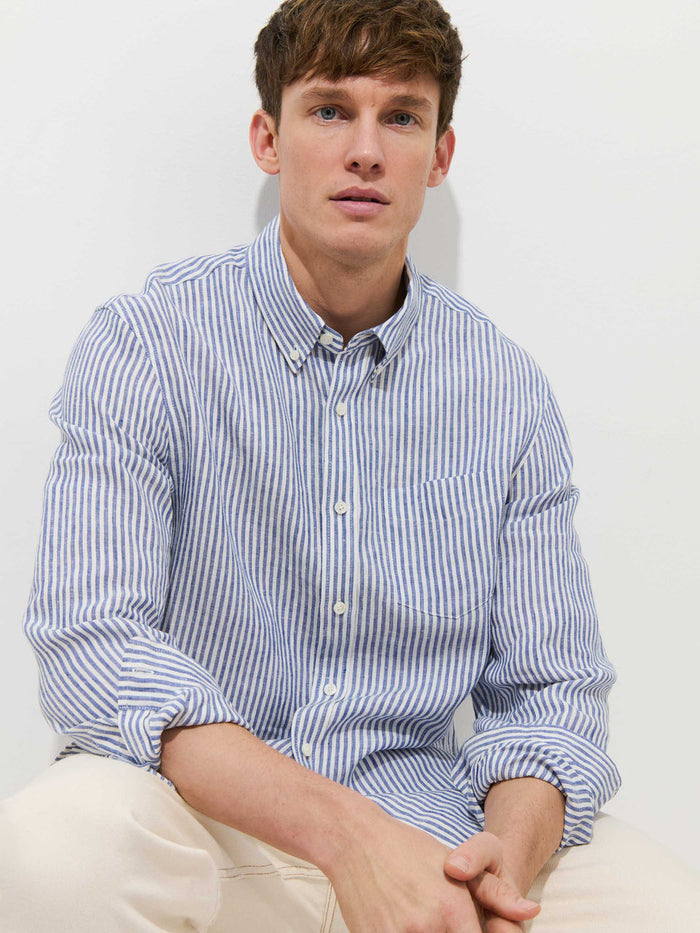 Mill Dress Shirt in Linen Stripe - Blue / White
