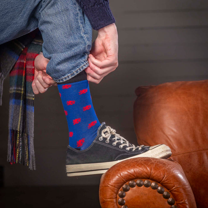 Person wearing blue socks with red patterns, sitting on a brown leather chair.