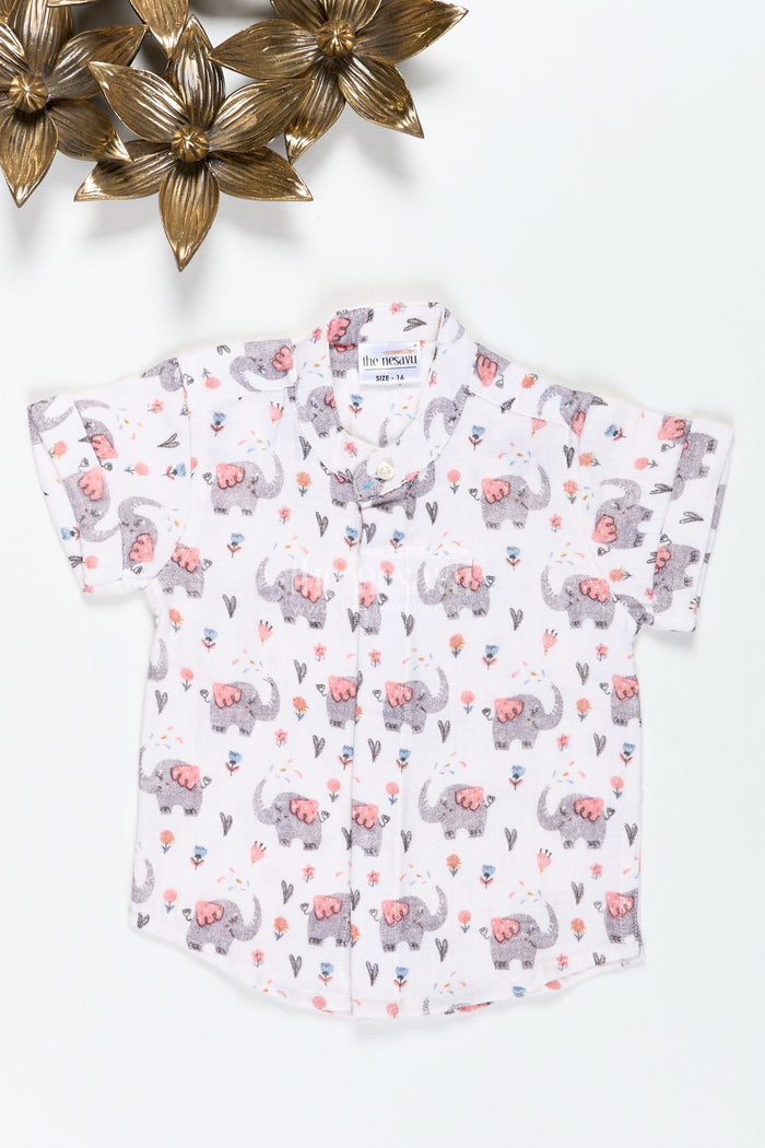 The Nesavu Boys Cotton Shirt Muslin Cotton Printed Shirt for Boys with Elephant and Floral Design Nesavu Nesavu Boys Elephant Print Muslin Cotton Shirt Soft Printed Shirt Birthdays Playdates