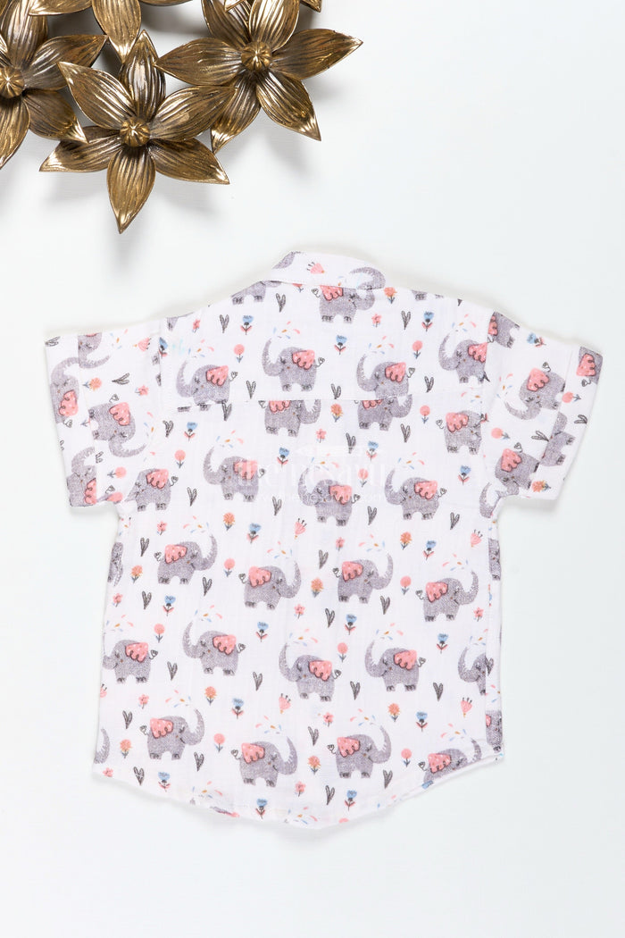 The Nesavu Boys Cotton Shirt Muslin Cotton Printed Shirt for Boys with Elephant and Floral Design Nesavu Nesavu Boys Elephant Print Muslin Cotton Shirt Soft Printed Shirt Birthdays Playdates