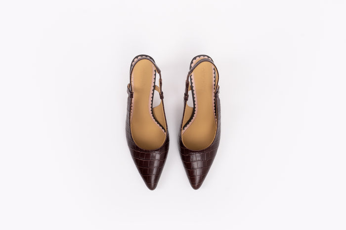 Brown croc leather stiletto heeled womens slingback shoe in large sizes 8-12 standard and wide fit