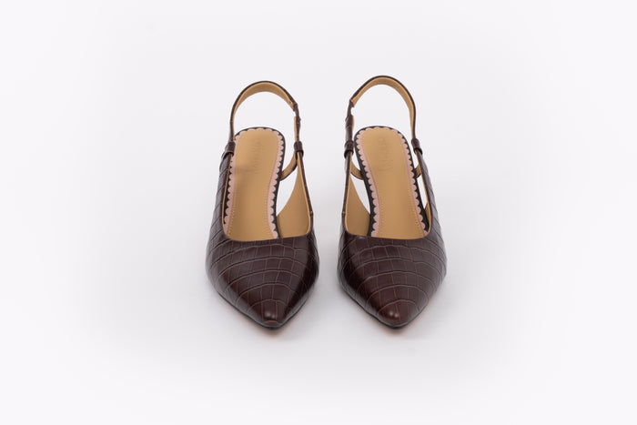 Front shot of womens brown croc stiletto heeled wrens slingback shoe in large sizes 8 9 10 11 12 standard and wide fit