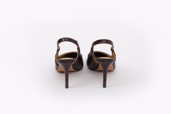 Back shot brown leather stiletto heeled slingback womens large sized shoe in sizes 42-46 standard and wide fit