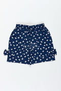 The Nesavu Girls Shorts Navy Cotton Shorts for Girls with Floral Print and Bows Nesavu 22 (4Y) / Blue LBW049A-22 Nesavu Navy Blue Cotton Floral Shorts Girls Elastic Fit Cute Side Bows