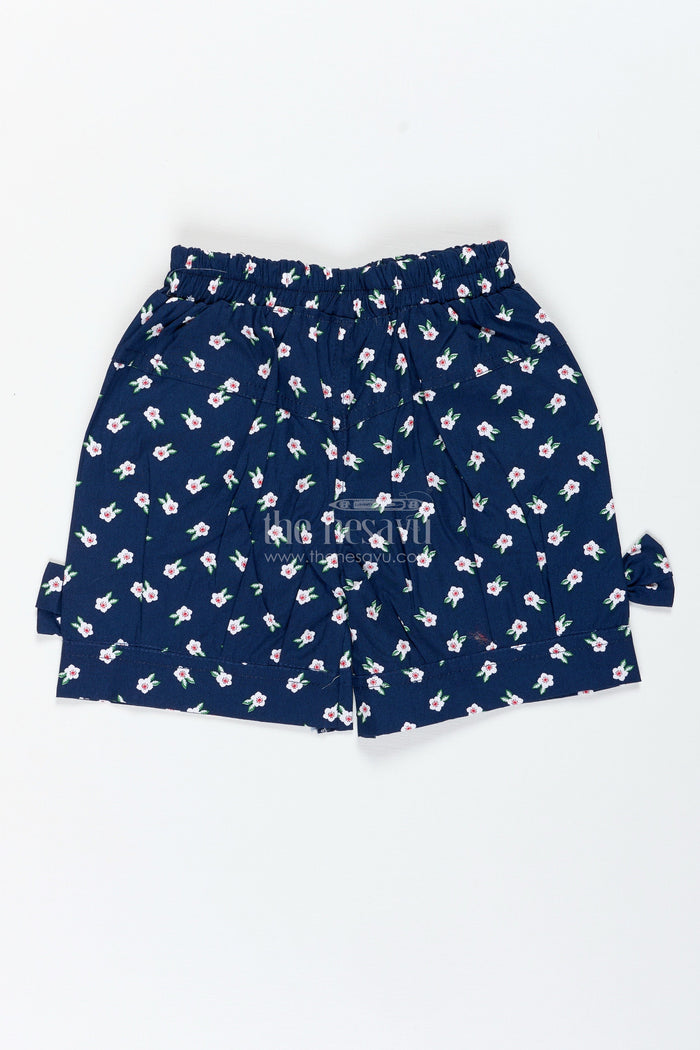 The Nesavu Girls Shorts Navy Cotton Shorts for Girls with Floral Print and Bows Nesavu Nesavu Navy Blue Cotton Floral Shorts Girls Elastic Fit Cute Side Bows