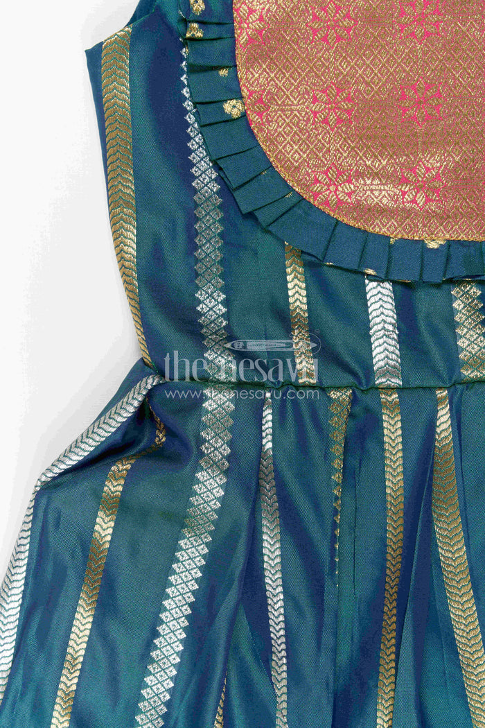 The Nesavu Girls Kanchi Silk Frock Nesavu Baby Girl Kanchi Silk Frock with Woven Stripes and Big Border for Festive Weddings Nesavu Nesavu Baby Girl Kanchi Silk Frock With Woven Stripes And Big Border For Festive Weddings