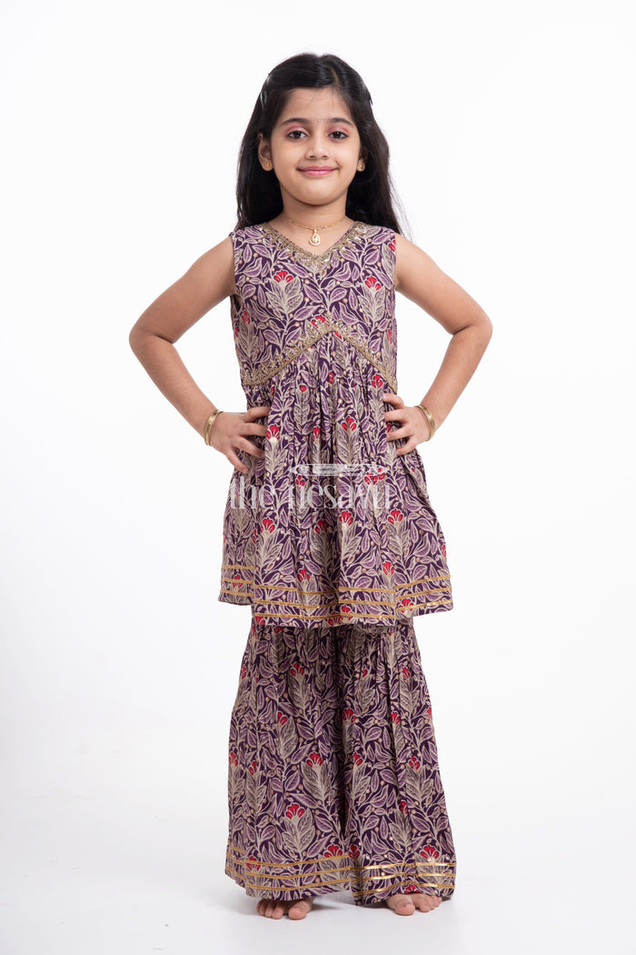 The Nesavu Girls Sharara / Plazo Set Nesavu Modal Silk Printed Sharara Gharara Dress for Girls Durga Puja Special Nesavu 16 (1Y) / Purple GPS306B-16 Modal Silk Sharara Gharara Dress for Girls Durga Puja Special | The Nesavu