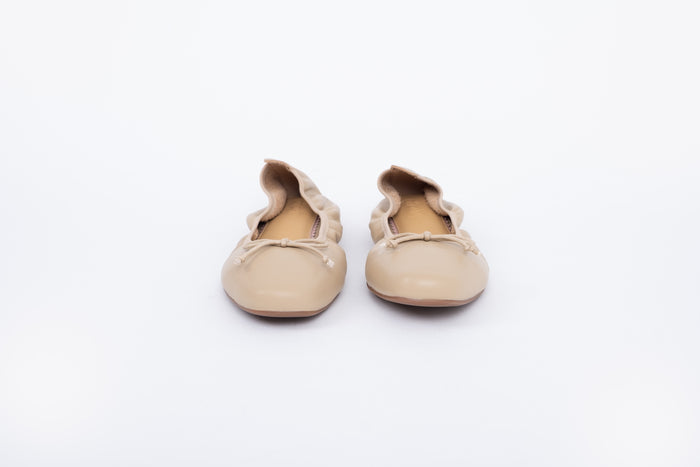 Front shot of womens beige ballet pump with elasticated upper in larger sizes 8-12