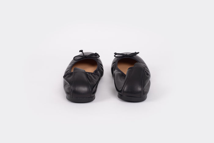 Back view of Olivia Flats in black. An elasticated leather womens flat available in large womens European sizes 42-46
