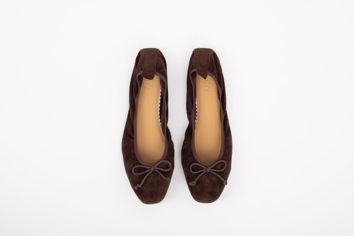 Aerial shot of womens chocolate brown suede flat billet shoe in large sizes 42-46