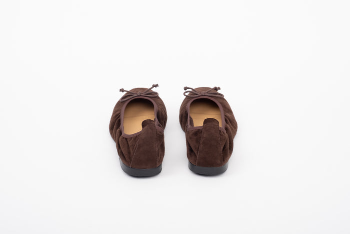 Back shot of womens suede brown ballet pump in large sizes 8-12