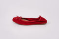 Side profile of Olivia flat in red. Womens shoe with comfort stretch-back in larger womens sizes UK 8-12
