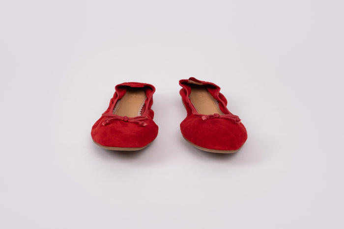 front view of Olivia in red. A flat womens shoe available in larger sizes UK 8-13