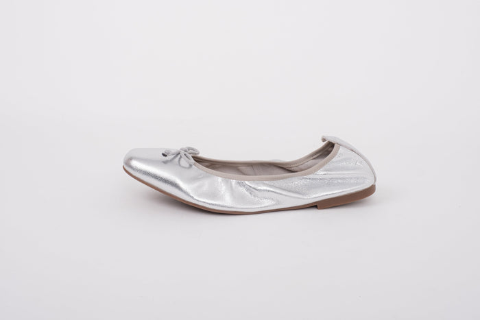 Size shot of womens large size silver ballet flat shoe in sizes 42 43 44 45 46