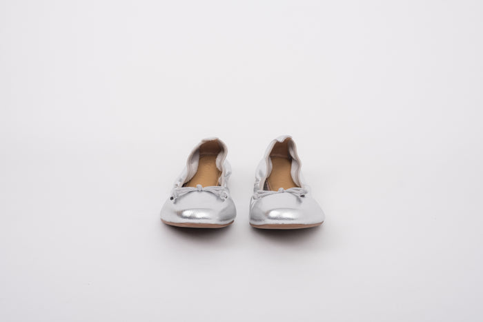 front shot of womens silver leather ballet flat in large sizes 8-12
