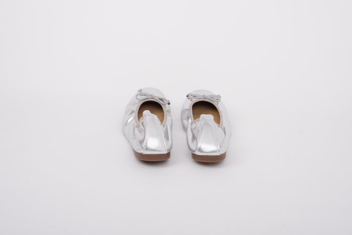 Back shot of womens silver leather flat ballet shoe in large sizes 42-46