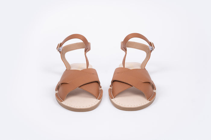 Front veiw of Orla sandal in Tan colour, a womens leather sandal available in larger womens European sizes 42-46