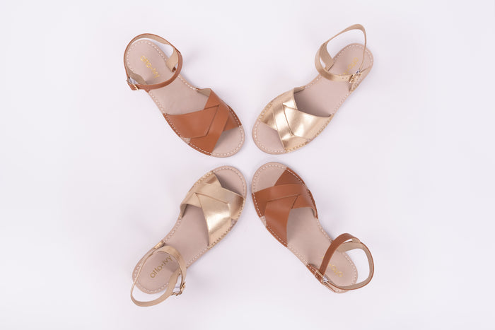 Aerial shot of womens sandal orla in colours god and tan. Available in womens larger UK sizes 8-12