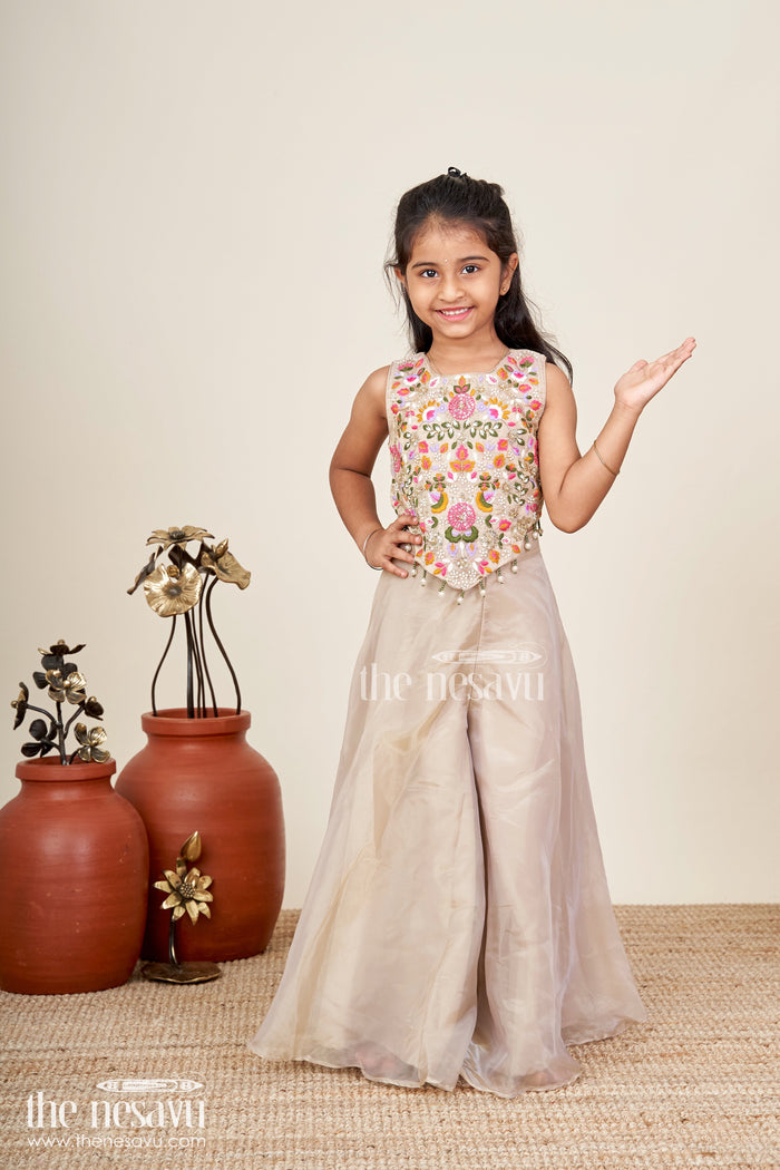 The Nesavu Girls Sharara / Plazo Set Palazzo Set for Girls with Rich Embroidered Crop Top and Sheer Dupatta in Glazed Organza Fabric Nesavu 24 (5Y) / Cream GPS419E-24 Nesavu Embroidered Palazzo Set Girls Designer Glazed Organza Statement Dupatta
