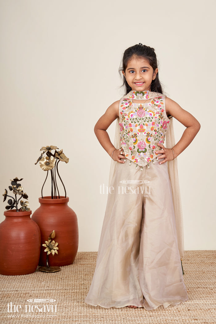 The Nesavu Girls Sharara / Plazo Set Palazzo Set for Girls with Rich Embroidered Crop Top and Sheer Dupatta in Glazed Organza Fabric Nesavu Nesavu Embroidered Palazzo Set Girls Designer Glazed Organza Statement Dupatta