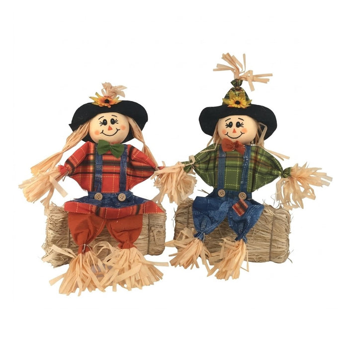 PartyRite 14" Harvest Day Sitting Scarecrow Dolls on Straw Bales, 2 Assorted Styles, Wholesale