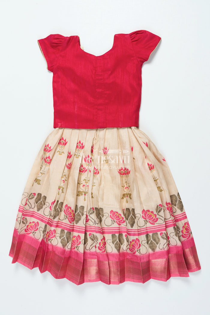 The Nesavu Pattu Pavadai Pattu Pavadai for Toddler Girls for Traditional Festivals and Photoshoots Nesavu Nesavu toddler girl pattu pavadai floral motif skirt raw silk blouse traditional functions