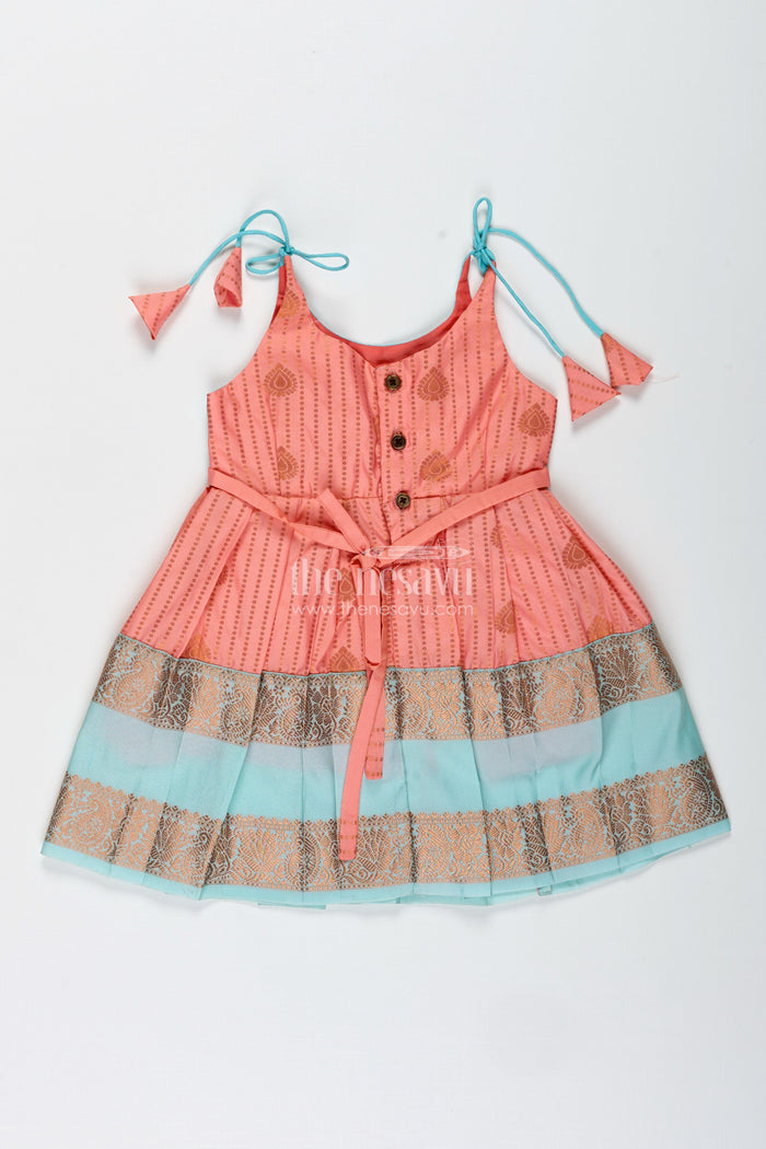 The Nesavu Tie-up Frock Peach and Teal Frock for Baby Girls Ethnic Dress for Birthdays Nesavu Nesavu Ethnic Baby Girl Frock In Semi Silk Peach And Teal Dress For Birthdays And Photoshoots